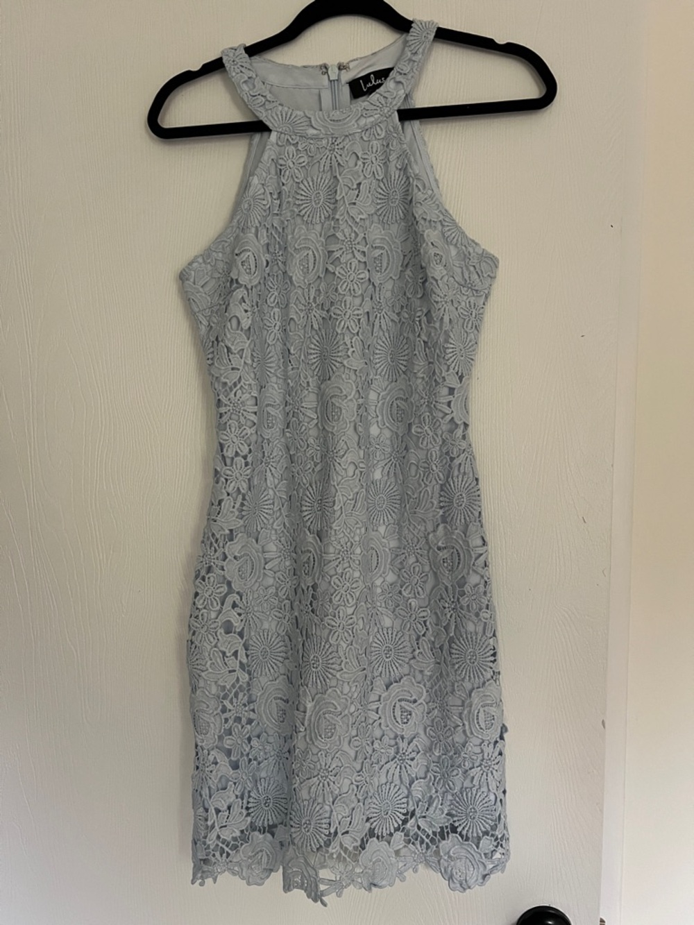 Lulu's Powder Blue Floral Lace Halter Mini Dress